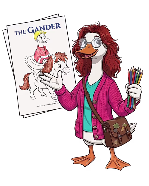 Goose holding colouring pencils