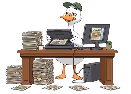 Cartoon Goose scanning gander magazines